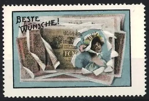 Reklamemarke Glückwunschmarke, Portrait einer Frau in einem Reichsmarkschein
