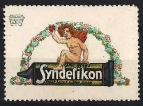Künstler-Reklamemarke August Hajduk, Syndetikon, Kleber, Engel auf Tube