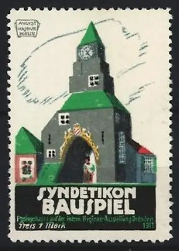 Reklamemarke Dresden, Syndetikon, Kleber, Turm mit Uhr