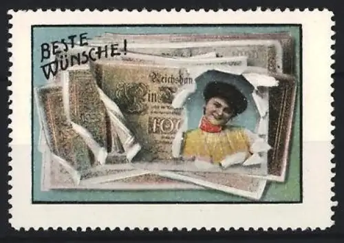 Reklamemarke Glückwunschmarke, Portrait einer Frau in einem Reichsmarkschein