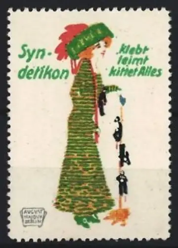 Künstler-Reklamemarke August Hajduk, Syndetikon, Kleber, Frau mit Kleid und Puppe