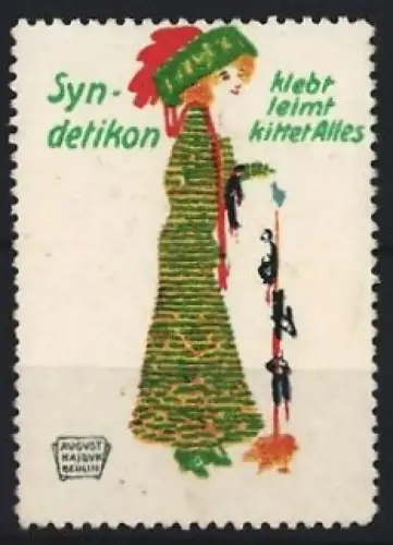Künstler-Reklamemarke August Hajduk, Syndetikon, Kleber, Frau mit Kleberflasche