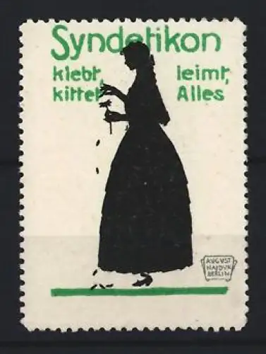 Künstler-Reklamemarke August Hajduk, Syndetikon, Kleber, Silhouette einer Frau