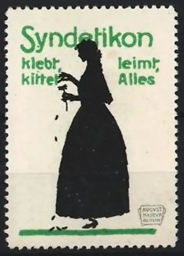 Künstler-Reklamemarke August Hajduk, Syndetikon, Kleber, Scherenschnitt einer Frau