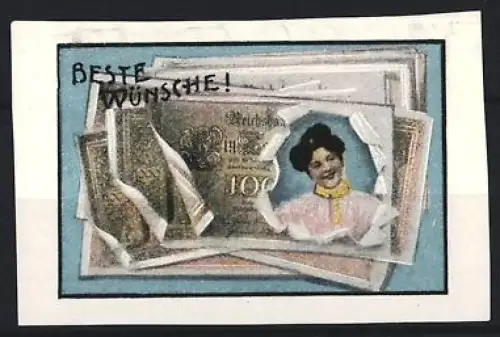 Reklamemarke Glückwunschmarke, Portrait einer Frau in einem Reichsmarkschein