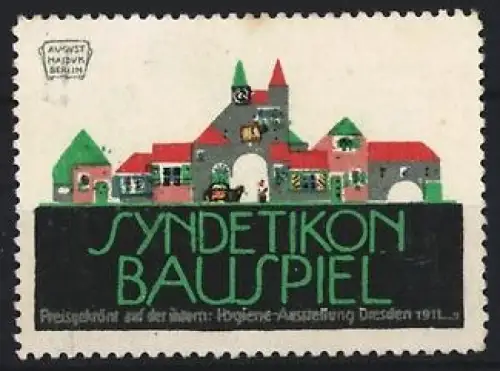 Künstler-Reklamemarke August Hajduk, Syndetikon, Kleber, Gebäude mit farbenfrohen Dächern