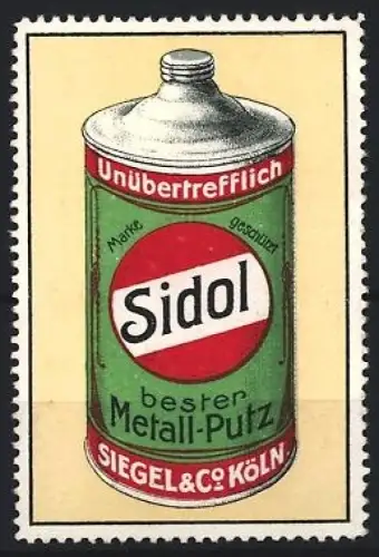 Reklamemarke Köln, Siegel & Co., Sidol Metallputzmittel, Metallpolitur-Dose