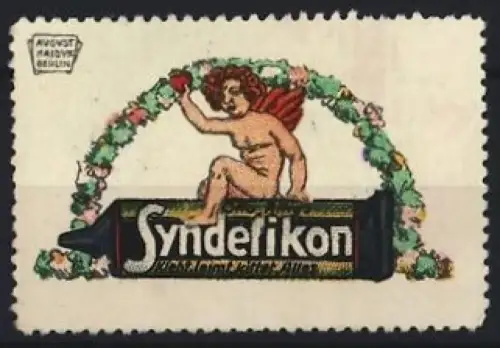 Künstler-Reklamemarke August Hajduk, Syndetikon, Klebstoff, Engel mit Blumenkranz
