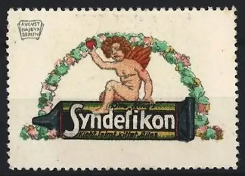 Künstler-Reklamemarke August Hajduk, Syndetikon, Klebstoff, Engel mit Blumenkranz