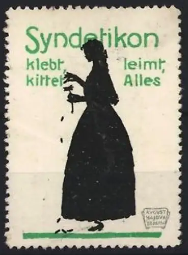 Künstler-Reklamemarke August Hajduk, Syndetikon, Klebstoff, Frau mit Klebstoffflasche