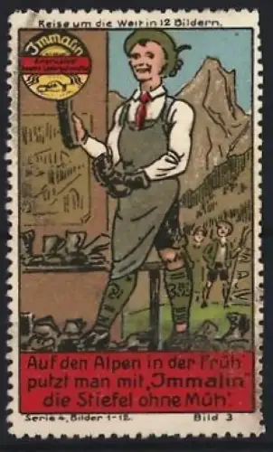 Reklamemarke Immalin, Schuhputzmittel, Mann mit Schürze bei der Stiefelpflege