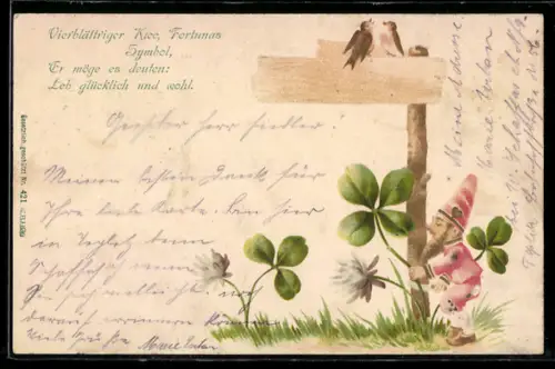 Lithographie Zwerg schneidet Kleeblätter an einem Wegweiser