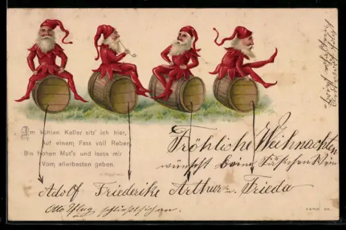 Lithographie Zwerge sitzen auf Fässern