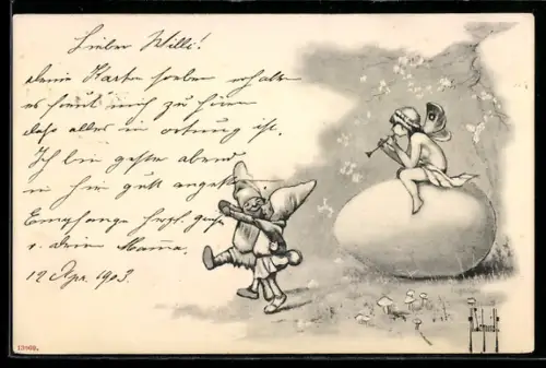 Lithographie Elfe musiziert für tanzende Zwerge