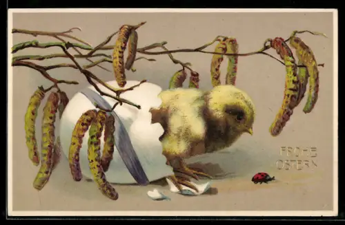 AK Frohe Ostern, Schlüpfendes Osterküken und Weidenzweig