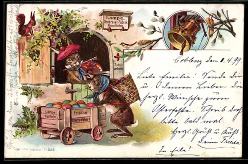 Lithographie Osterhasen am Künstleratelier mit Ostereiern