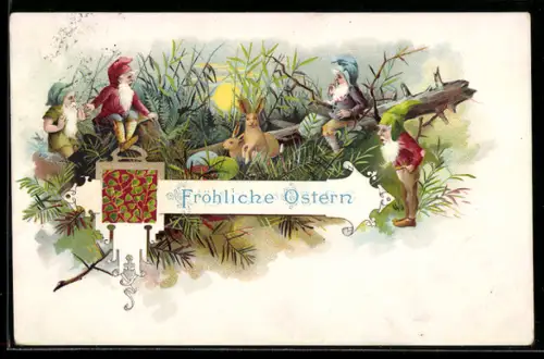 AK Zwerge und Osterhasen mit Ostereiern bei Sonnenaufgang