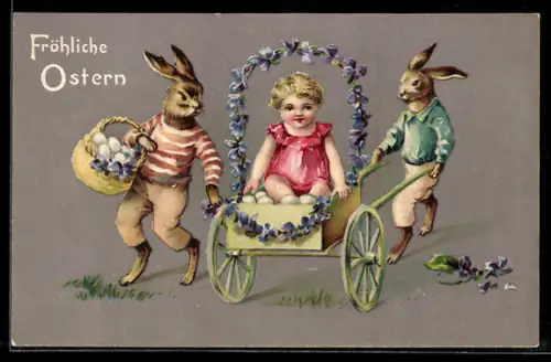 AK Osterhasen mit einem Kind im Wagen