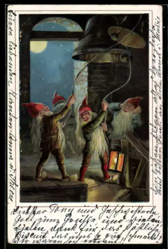 Lithographie Zwerge läuten die Glocken in der Kirche
