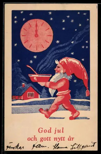 AK Zwerg trägt eine Schale heisse Suppe