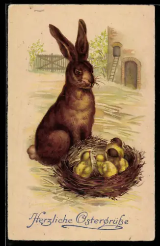 AK Osterhase sitzt vor einem Nest voller Osterküken