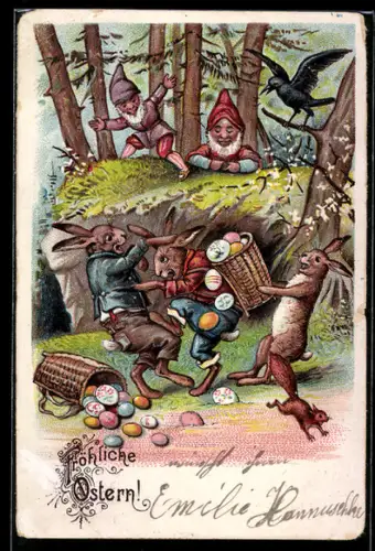 AK Osterhasen mit Osterkörben und Zwergen, Ostergruss