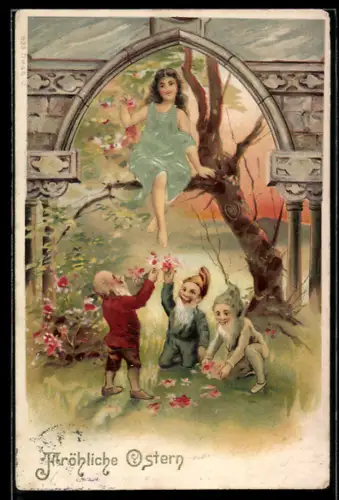 Präge-AK Zwerge schauen zum Mädchen auf dem Ast