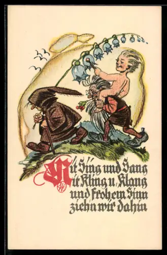 AK Kind reitet auf dem Rücken eines Zwerges