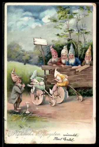 Lithographie Zwerge fahren auf hölzernen Rädern um die Wette