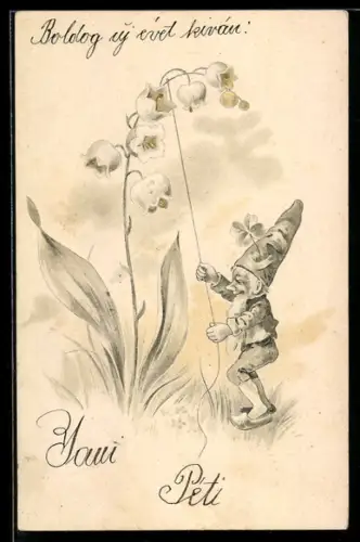 AK Zwerg läutet Maiglöckchen