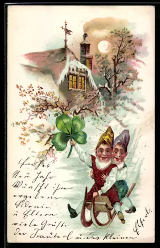 AK Zwerge bei einer winterlichen Schlittenfahrt