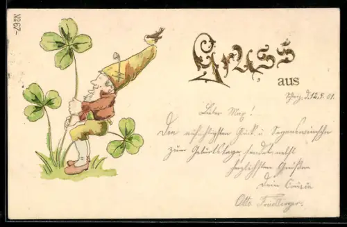 AK Zwerg mit Kleeblättern