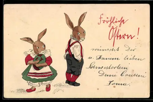 AK Zwei Osterhasen schauen sich über die Schulter an