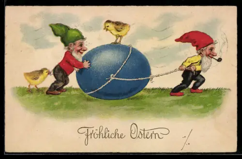 AK Fröhliche Ostern, Zwerge mit Osterei und Osterküken