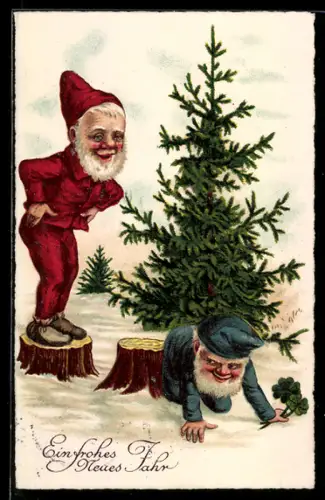 AK Neujahrsgruss, Zwerge im Wald