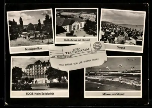 AK Heringsdorf, Musikpavillon, Kulturhaus mit Strand, FDGB-Heim Solidarität, Strand, Möwen am Strand