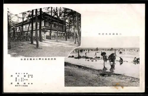 AK Futamiura, Strand mit Badegästen und Gebäude im Kiefernwald