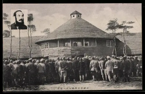 AK Japan, Einweihung einer Sonnenrad-Baracke