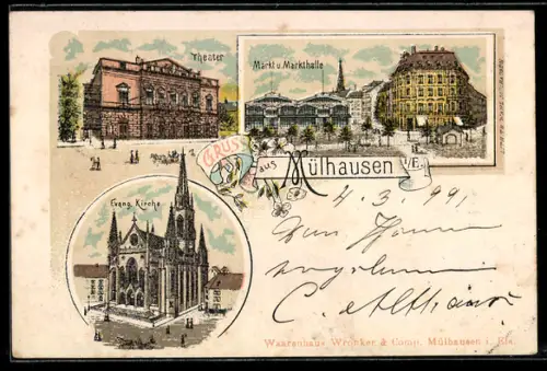 Lithographie Mülhausen i. Els., Theater, Markt u. Markthalle, Evang. Kirche