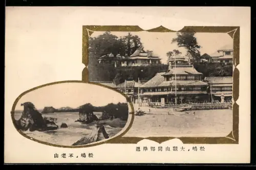 AK Matsushima, Küstenansicht mit Pavillon und Felsformationen