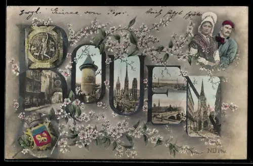 AK Rouen, Mehrbildansicht mit Kathedrale und Stadtmotiven, Paar in Trachten