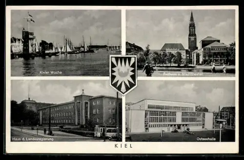 AK Kiel, Kieler Woche, Rathaus u. Stadttheater, Haus d. Landesregierung, Ostseehalle