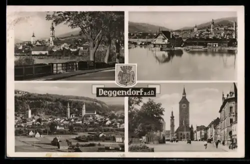 AK Deggendorf a.d.D., Stadtansichten, Kirche, Stadtturm, Donauufer