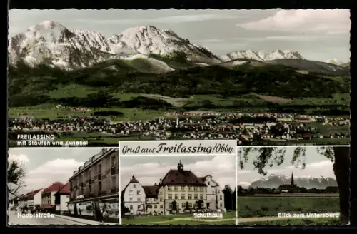 AK Freilassing /Obb., Staufen und Zwiesel, Hauptstrasse, Schulhaus, Blick zum Untersberg