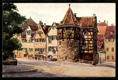 AK Stuttgart, Katharinenstrasse mit Schellenturm