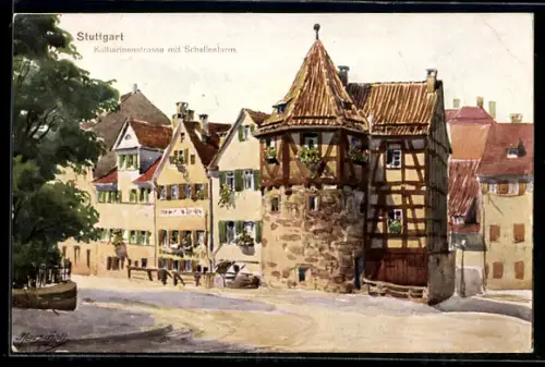 AK Stuttgart, Katharinenstrasse mit Schellenturm