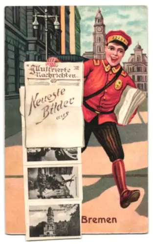 Leporello-AK Bremen, Hauptbahnhof, Dom, Börse, Bürgerpark und Weserbrücke, Zeitungsverkäufer preist seine Ware an