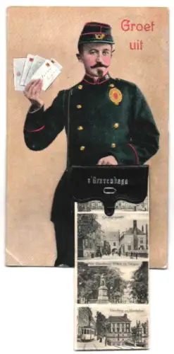Leporello-AK s`Gravenhage, Gevangenpoort, Viiverberg en Mauritshuis, Lange Poten, Briefträger bringt die Post