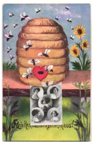Leporello-AK Damenporträts im Bienenstock, Mein Herz, das ist ein Bienenhaus!, Imkerei