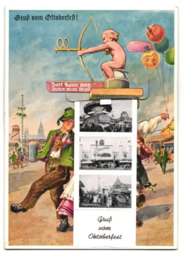 Leporello-AK München, Besucher und Amor auf dem Oktoberfest, Hofbräuhaus, Löwenbräu, Schottenhamel und Bierwagen